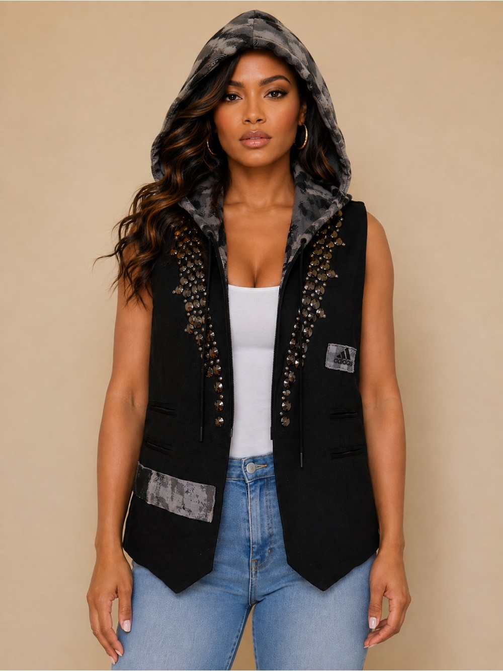 Upcycled Studded adidas inspired Hooded sleeveless gray and black vest size L/XL